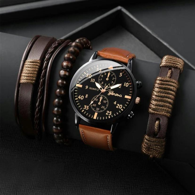Leather Strap Quartz Watch Beaded Bracelet