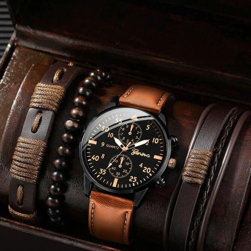 Leather Strap Quartz Watch Beaded Bracelet