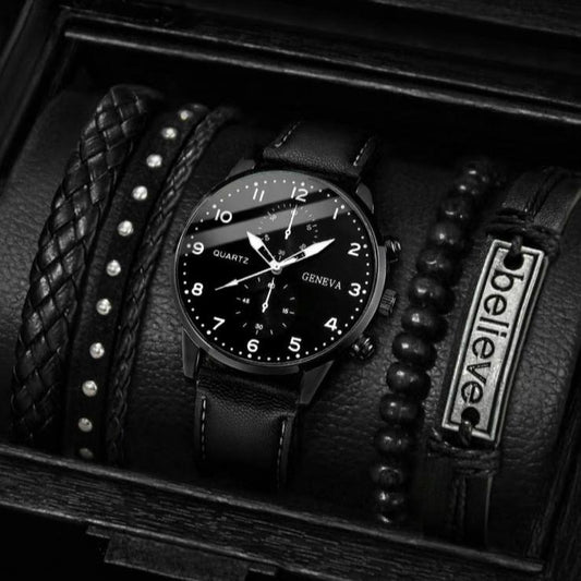 Classic Business Watch & Beaded Adjustable Bracelet